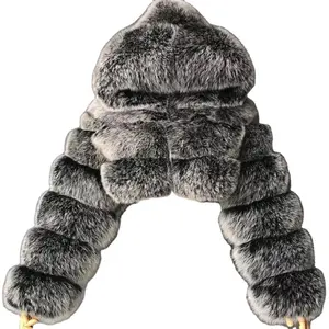 Weihnachts geschenk Faux Fox Fur Stitching kurze Langarm Pelz jacke mit Kapuze