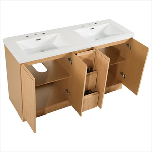 Meuble-lavabo autoportant moderne en chêne à double vasque, poignées encastrées sans levier, étagères intérieures réglables, miroir intelligent, durable pour <span class=keywords><strong>salle</strong></span> <span class=keywords><strong>de</strong></span> <span class=keywords><strong>bain</strong></span> - Product Image 3