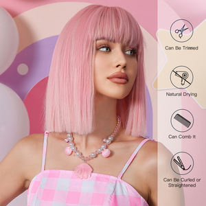 Peluca sintética de Bob rosa con entrega inmediata para mujer, pelucas cortas y rectas con <span class=keywords><strong>flequillo</strong></span>, fiesta de pelo falso de Cosplay de colores rosas - Product Image 5