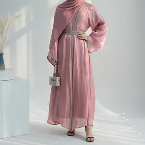 Set 2024 baru Shinny Polyester Glitter Dubai Abaya sederhana Kimono pakaian Islami gaun Muslim wanita