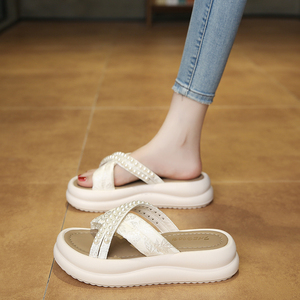 <span class=keywords><strong>Tongs</strong></span> de printemps légères pour femme, style chinois, à motif floral, avec perles décoratives, plateforme rehaussante, bout ouvert, pour l'extérieur - Product Image 4