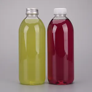 Bouteilles de boisson en plastique transparentes en forme de bande personnalisées pour animaux de compagnie de 33oz 1000ml pour boissons au jus avec bouchons inviolables