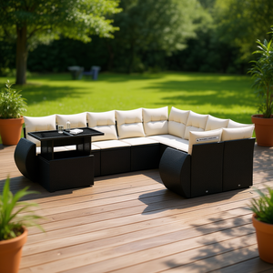 Ensemble de canapés de patio en rotin moderne noir et crème, mobilier d'extérieur pour jardin, 7 places, design contemporain - Product Image 2