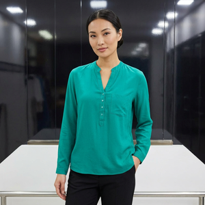 Camisa Casual de Algodón 100% Ecológica Vintage para Mujer |   Camisa con Cuello Mao, Manga Larga, Color Verde Everglade, Calidad Premium - Product Image 5