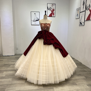 Jancember Wm009 Flower <b>Red</b> and Champagne Modest Ball Gown Evening Dress - Product Image 1