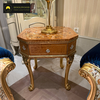Table d'appoint octogonale de luxe avec tiroir, finition en bois orange et motifs incrustés, pour salon haut de gamme