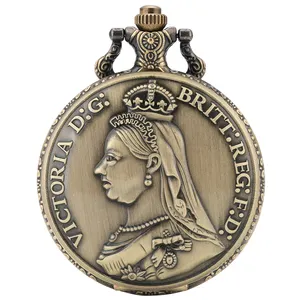 Souvenir Retro Bronzen Koningin Victoria Ketting Horloge Vintage Quartz Pocket Klok Met Ketting Voor Cadeau