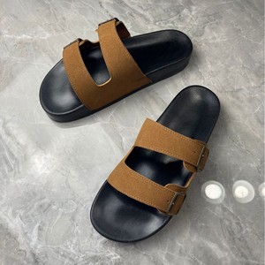 Genuine Leather men's Flat Sandals <b>Open</b> <b>Toe</b> Buckle Closure Rubber Sole Fashion Trend Summer Men Women Slides slippers - Product Image 3