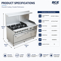 Cuisinière à gaz commerciale ETL en acier inoxydable à 6 brûleurs, 24 pouces, 30 000 BTU, avec gril et four, pour restaurant, GPL/GN, garantie 1 an