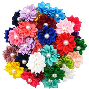 Noeuds de cheveux faits main en fleurs, perles et diamants pour enfants et animaux de compagnie, attaches élastiques pour la décoration, fleurs en mousseline de soie avec perles et strass - Product Image 2