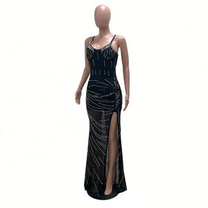 Robe en maille transparente à bretelles sans manches, longueur au sol, fente haute, robes de soirée avec soutien-gorge et doublure - Product Image 4