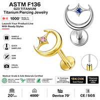 Piercing Labret à Poussoir en Titane G23 ASTM F136 de Grade Implantable, Motif Lune et Étoile, avec Zircon Cubique Rose et Plaqué Or, pour Cartilage d'Oreille, Hélix et Tragus