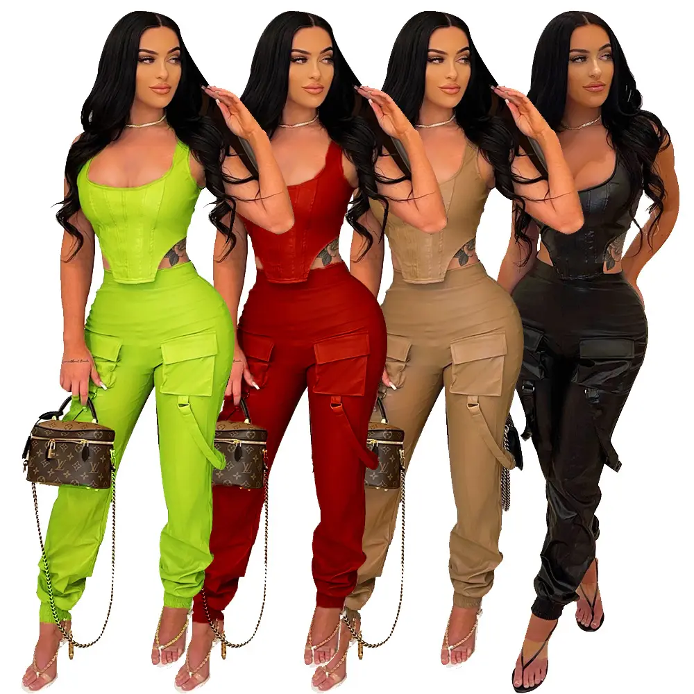 2023 Wholesale Crop Tops Cargo Pants Faux Leather Sets For Women Joggers Pants 2 Two Piece Pants Set Cargo Outfits