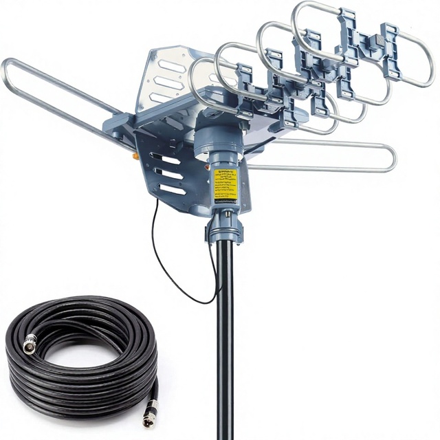 PBD Outdoor Digital Amplified HDTV Antenna 150-Mile Motorized 360-Degree Rotation Wireless Remote 59FT RG6 Coax Cable Grounding