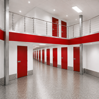 Unité de stockage à deux étages avec mezzanine, porte rouge, garde-corps métallique, mur blanc en acier