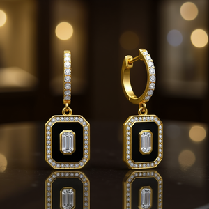 Boucles d'oreilles de luxe plaquées or avec diamants pour femme, incrustation noire taille baguette, bijoux de soirée, finition 18 carats, design élégant en forme de goutte - Product Image 2