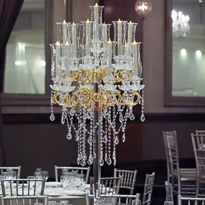 婚礼装饰中心9臂金水晶烛台金属烛台与挂水晶出售