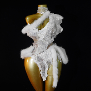 Body da Donna Monospalla in Finta Pelliccia di Visone Bianca Morbida con Paillettes, Lavorazione Artigianale, per Performance sul Palco e <span class=keywords><strong>Cantanti</strong></span> - Ingrosso dal Produttore - Product Image 2