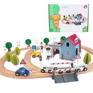 Happy Earth - Ensemble de <span class=keywords><strong>rails</strong></span> de train en bois pour tout-petits, jouets éducatifs de construction, voitures de slot, course d'aventure, apprentissage précoce créatif, 65 pièces - Product Image 1
