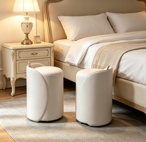 Tabouret de maquillage minimaliste en cuir PU blanc crème, dossier incurvé, poignée à anneau, rangement cylindrique dissimulé - Product Image 5