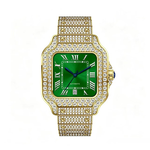 Montre carrée unisexe de luxe en acier inoxydable, cadran violet, incrustée de diamants, analogique, date, fermoir pliant - Product Image 1