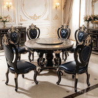 Luxuriöses Europäisches Massivholz-Esszimmer-Set mit Naturmarmor-Tischplatte und Drehbarem Serviertablett, Dunkelblaue PU-Lederstühle für Villen, Großhandel