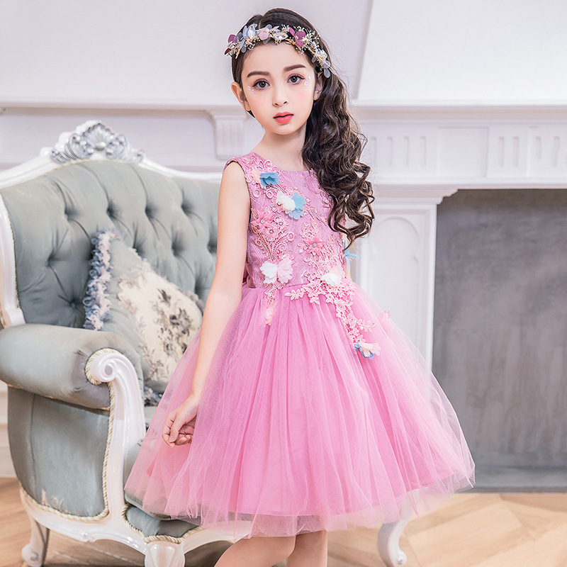 New Purple Applique Sleeveless Lace Net Yarn Kids Girls Flower Dress Clothes