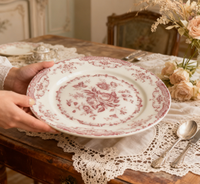 Assiette à dîner en céramique de style français, rose pastorale, réutilisable, compatible four/lave-vaisselle, imprimé floral classique, couleur surglacée pour