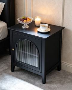 Modern Black Solid Wood Nightstand,Arched Fluted Glass Door Brass Knob Tapered Leg Bedside Cabinet for Bedroom <b>Night</b> <b>Stand</b> - Product Image 2