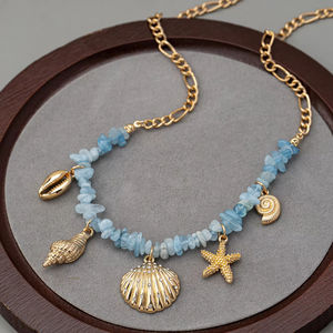 Collar con Colgante de Estrella de Mar y Concha con Pedrería, Chapado en Oro, Estilo Océano, para Mujer, Venta al Por Mayor - Product Image 3