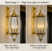 Lanterne murale extérieure en laiton massif, bras doré poli, 3 ampoules E14, verre trempé, lumière de porche de villa de style rétro
