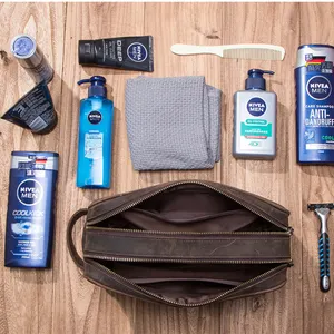 Contact's Bolsa organizadora de viagem de couro genuíno para homens com zíper duplo, bolsa de cosméticos para maquiagem e lavagem de couro