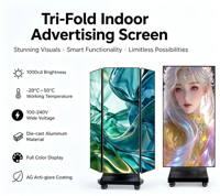 Affichage publicitaire LED pliable en trois parties HD pour intérieur, affiche LED couleur pleine portable, signalisation numérique pour événements et salles d'exposition