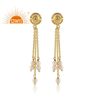 Boucles d'oreilles pendantes en perles blanches et pierres précieuses fabricant boucles d'oreilles en argent plaqué or jaune bijoux pour femmes cadeau pour elle - Product Image 3