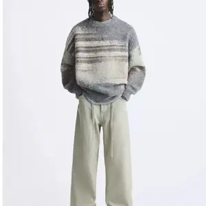 कस्टम ओईएम पुरुष मोहायर स्वेटर फजी जैक्वार्ड बुना हुआ स्वेटर बुना हुआ कपड़ा लंबी आस्तीन बुना हुआ क्रू नेक शीतकालीन मोहायर स्वेटर पुरुषों के लिए