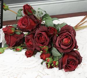 65cm réaliste fleur de soie écrite à la main rétro brûlé bord Roses artificielles 5 têtes rouge Rose fleurs pour la décoration de mariage à la maison - Product Image 2