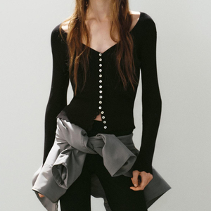 Cárdigan de punto acanalado con cuello en V personalizado para mujer, manga larga, con botones, ajuste ceñido, suéter de punto para otoño - Product Image 2