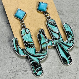Pendientes de cuero estilo <span class=keywords><strong>Cactus</strong></span> para mujer, aretes de cuentas turquesas, estilo Retro bohemio, étnico occidental, venta al por mayor - Product Image 2
