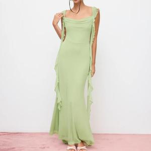Robe longue élégante en mousseline de soie verte avec volants, col carré, sans manches, silhouette sirène ajustée, robe de soirée d'été - Product Image 2