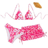 Ensemble 3 pièces pour filles : Maillot de bain taille haute à fleurs et jupe de plage pour filles de 8 à 14 ans – Distributeur de maillots de bain et bikinis