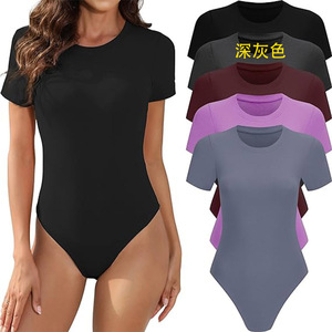 Europa y América cuello redondo ajustado Top Color sólido Sexy piel amigable belleza cuerpo mujer mono - Product Image 5