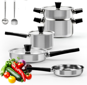 Ensemble de casseroles et poêles antiadhésives <span class=keywords><strong>en</strong></span> acier inoxydable avec logo personnalisé, couvercles <span class=keywords><strong>en</strong></span> verre amovibles, pour la cuisine à domicile - Product Image 1