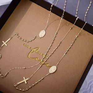 จี้กางเขนทอง 18k ยี่ห้อ Xinfly สำหรับทุกเพศ พร้อมสร้อยคอ ดีไซน์ศาสนาคริสต์นิกายคาทอลิก รูปพระแม่มารี สไตล์วินเทจ ประดับลูกปัด ของขวัญ - Product Image 5