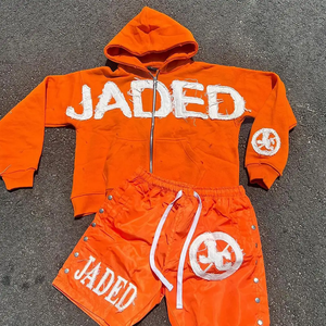 Parches bordados desgastados con logotipo personalizado, traje de Jogger de algodón 100%, sudaderas con capucha de gran tamaño, conjunto de pantalones cortos, chándales para hombres - Product Image 5