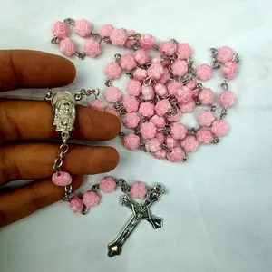 Collana religiosa vergine maria catena di perline di plastica disegni collana rosario con ciondolo croce di gesù