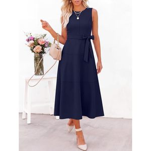 FOXA Robe midi élégante pour femme, sans manches, col rond, coupe trapèze avec ceinture, robe de soirée formelle pour le travail ou les cocktails - Product Image 2