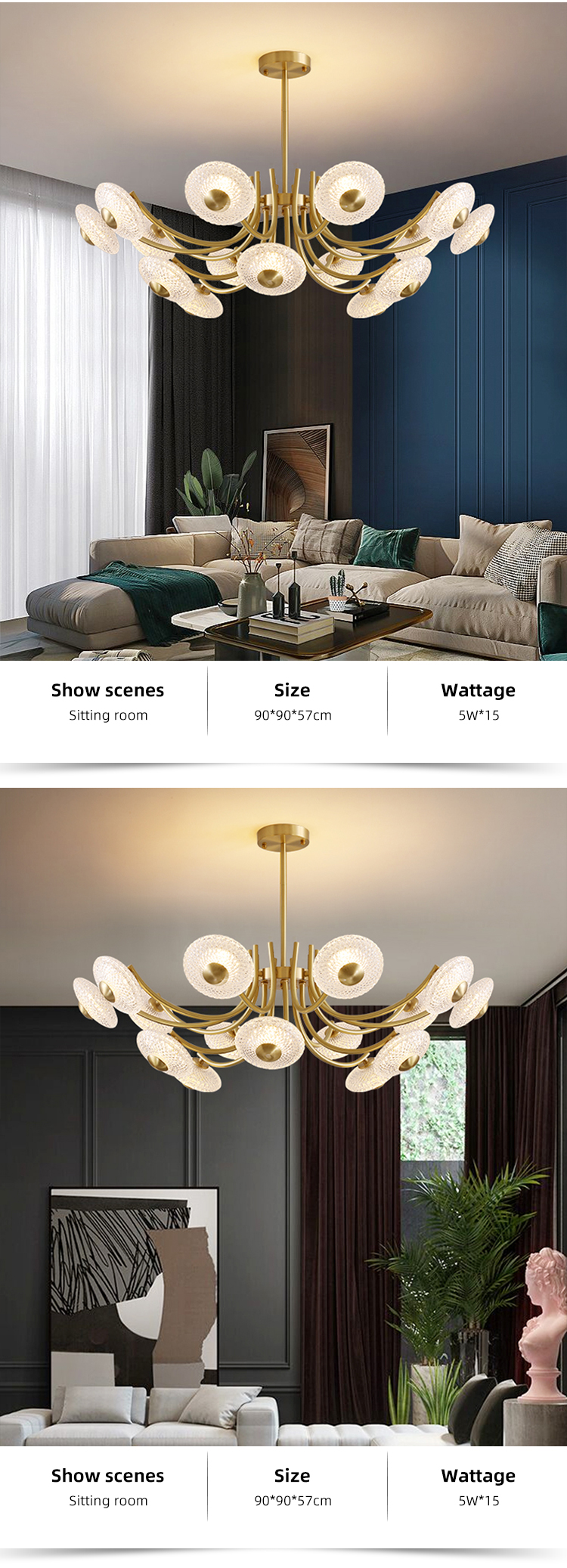 Vintage Decorative Led Acrylic Gold Ceiling Modern Led Pendant Chandelier Lamp
