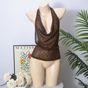 Shiny Deep V Solid Colour Vest Fashion Sexy See Through Swing Neck Halter <b>Top</b> for Women Fashion - Product Image 4