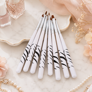 Lot de 8 pinceaux à ongles fins à manche zèbre blanc, virole argentée, pointes assorties pour manucure gel - Product Image 1