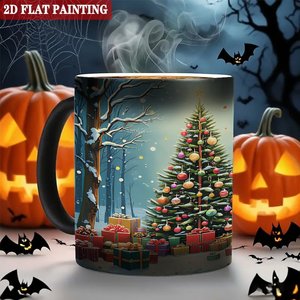 Mug personnalisé noir givré 11oz en céramique sensible à la chaleur, tasse vierge avec motif sapin de Noël, peinture 2D plate - Product Image 6